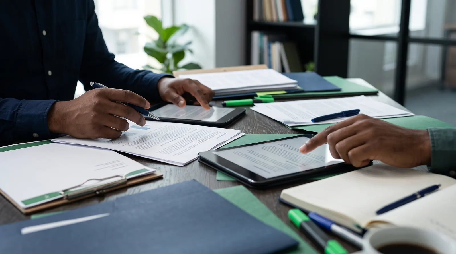 Duas pessoas revisam documentos de política e um tablet sobre uma mesa de trabalho.